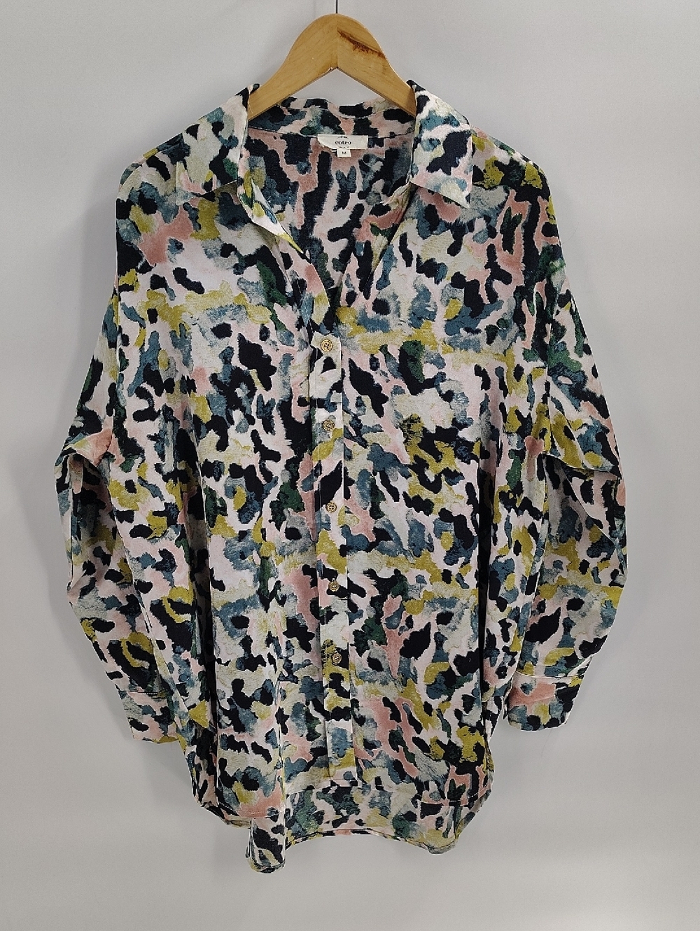 Entro Button Down Blouse Size Medium Oversized Green Pink Print Long Sleeve